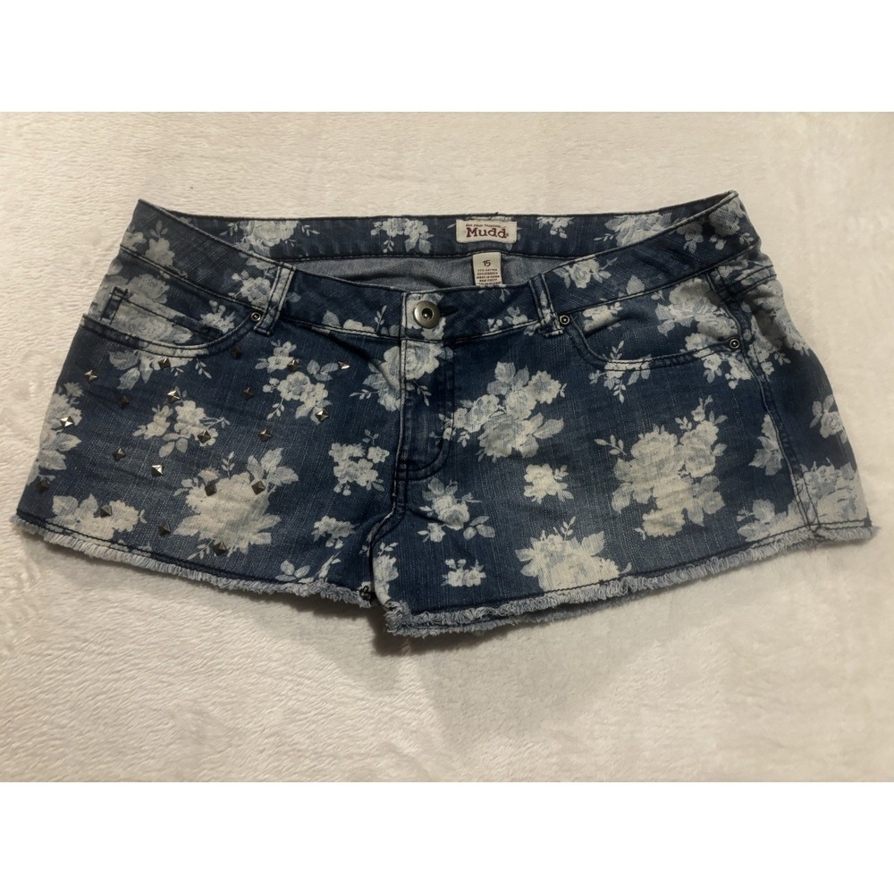 Mudd Shorts Womens 15 Floral Flowers Low Rise Denim Cut Off Boho Frayed Blue‎
